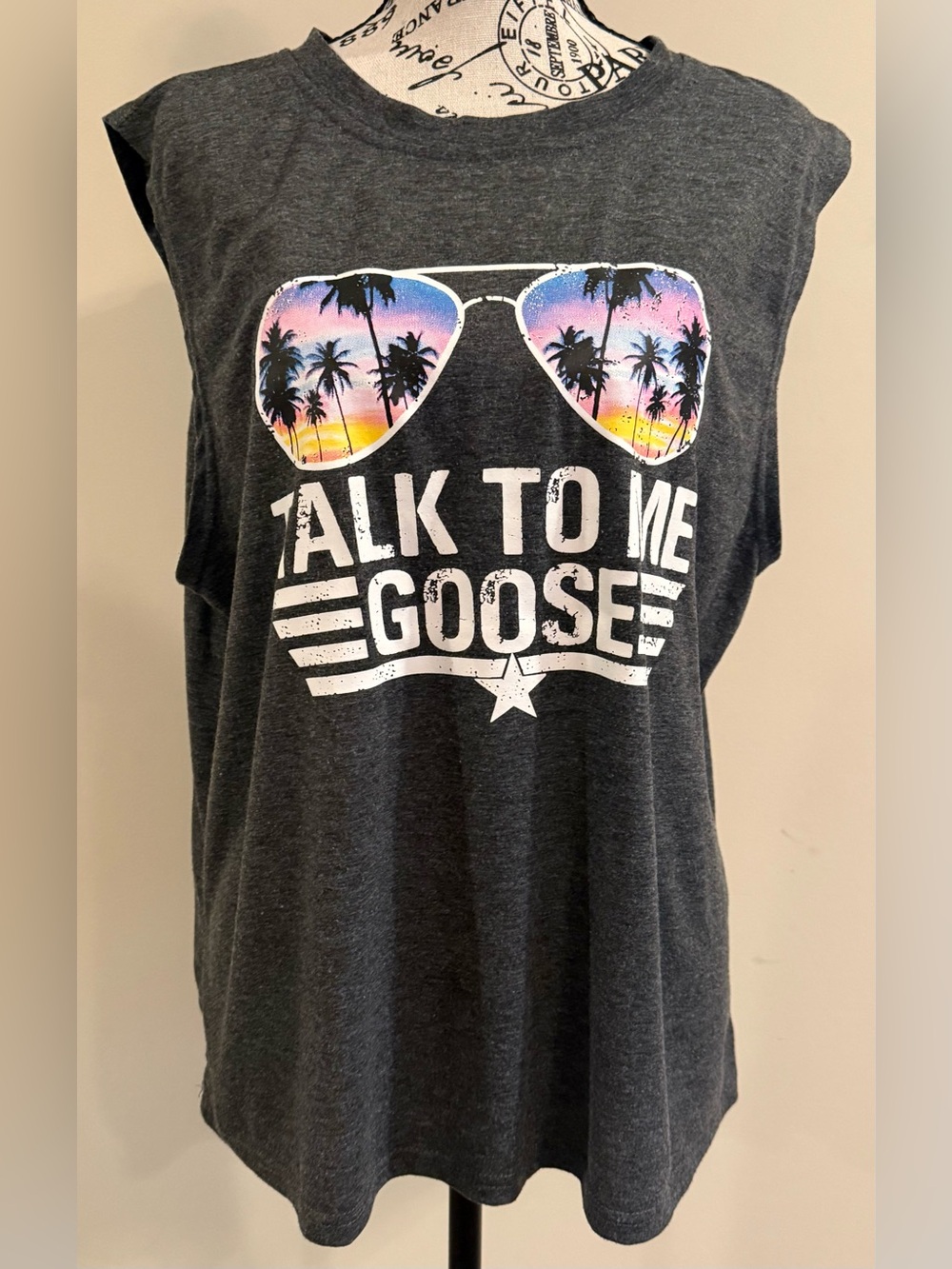 Top Gun Theme Graphic Muscle Tank Top with Colorful Sunglasses Print